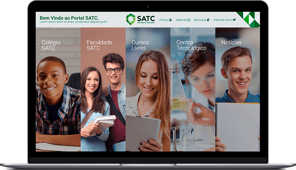 Página inicial do Portal SATC com seções destacadas para Colégio, Faculdade, Cursos Livres, Centro Tecnológico e Notícias, cada uma representada por uma imagem de pessoas em diferentes contextos educacionais.