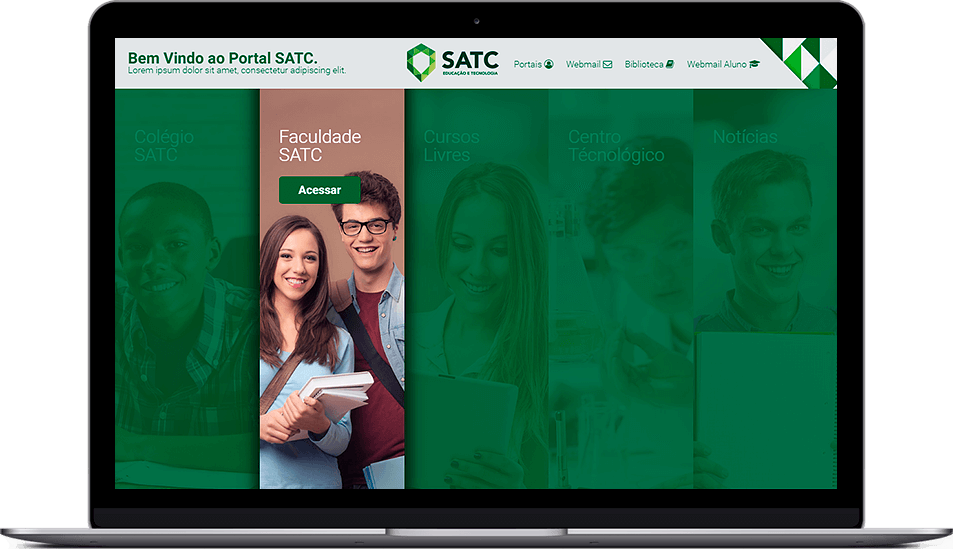 Página inicial do portal SATC exibindo várias opções de acesso, como Colégio SATC, Faculdade SATC, Cursos Livres, Centro Tecnológico e Notícias, com destaque para a área de 'Faculdade SATC' com um botão de acesso.