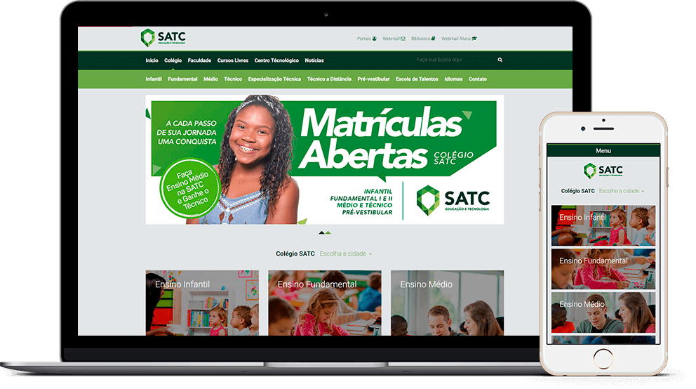 Página do portal SATC com informações sobre matrículas abertas para o Colégio SATC, mostrando uma jovem estudante sorrindo. A navegação inclui opções para ensino infantil, fundamental, médio, técnico, pré-vestibular e outros serviços.