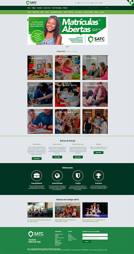 Página do portal SATC detalhando as informações sobre matrículas abertas no Colégio SATC, com imagens de diferentes categorias educacionais como ensino infantil, fundamental, técnico, e pré-vestibular.