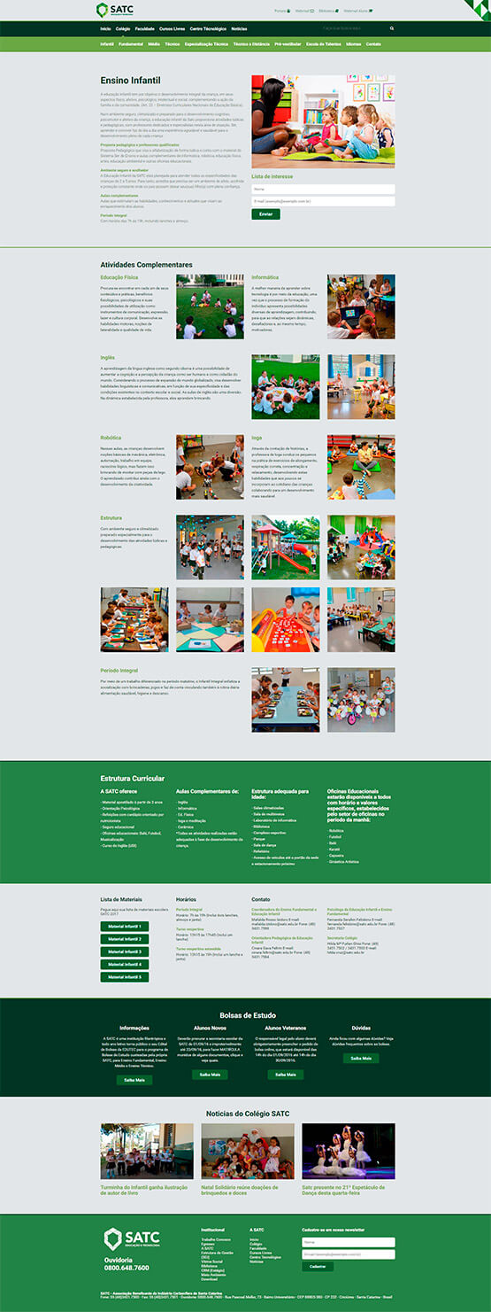 Página do portal SATC sobre ensino infantil, mostrando atividades complementares como educação física, informática, e robótica, com imagens de crianças envolvidas em várias atividades de aprendizagem.