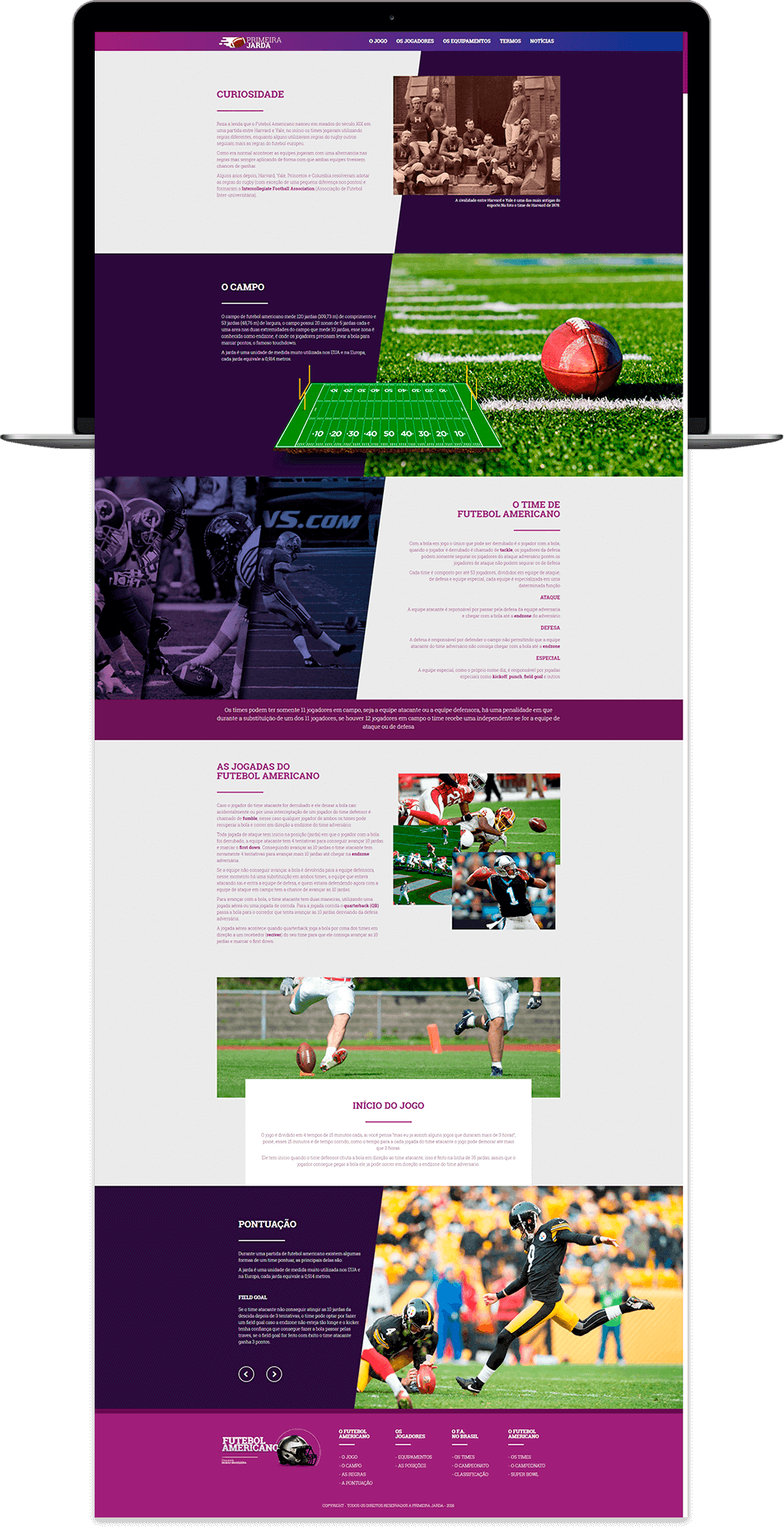 Página do site Primeira Jarda apresentando informações históricas sobre o futebol americano, curiosidades, descrição do campo de jogo, formação dos times e principais jogadas com imagens ilustrativas.