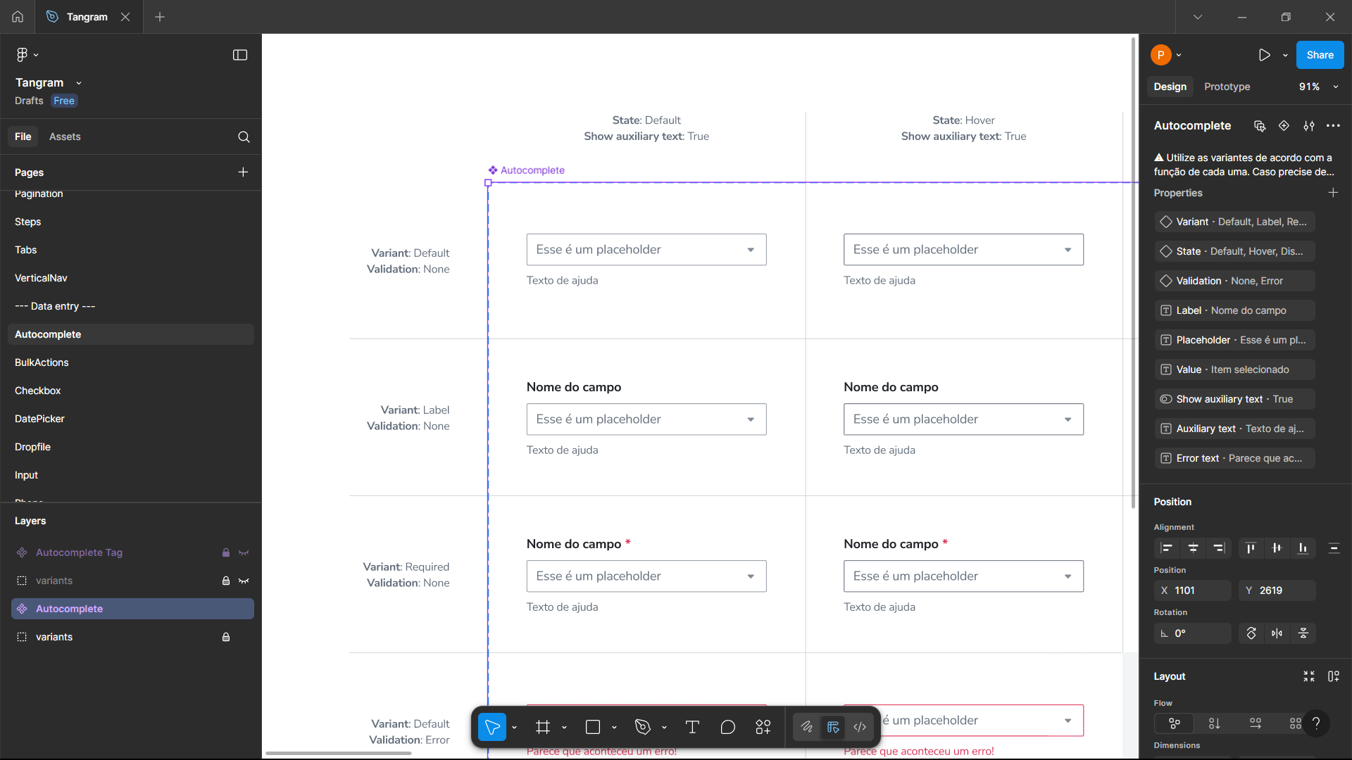 Tela do Figma mostrando componentes de autocomplete do design system Tangram, com diferentes estados (padrão, hover, erro) e propriedades editáveis no painel lateral direito.