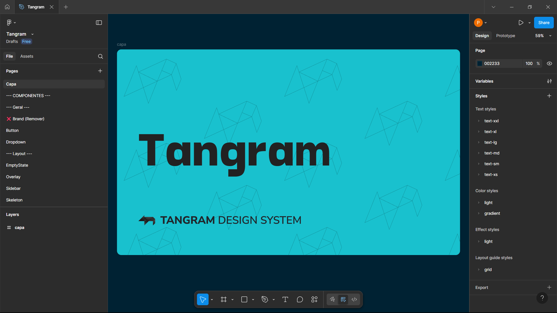 Tela de capa do sistema de design Tangram no Figma, com fundo azul e padrão de formas geométricas, destacando o nome “Tangram” e o texto “Tangram Design System”.