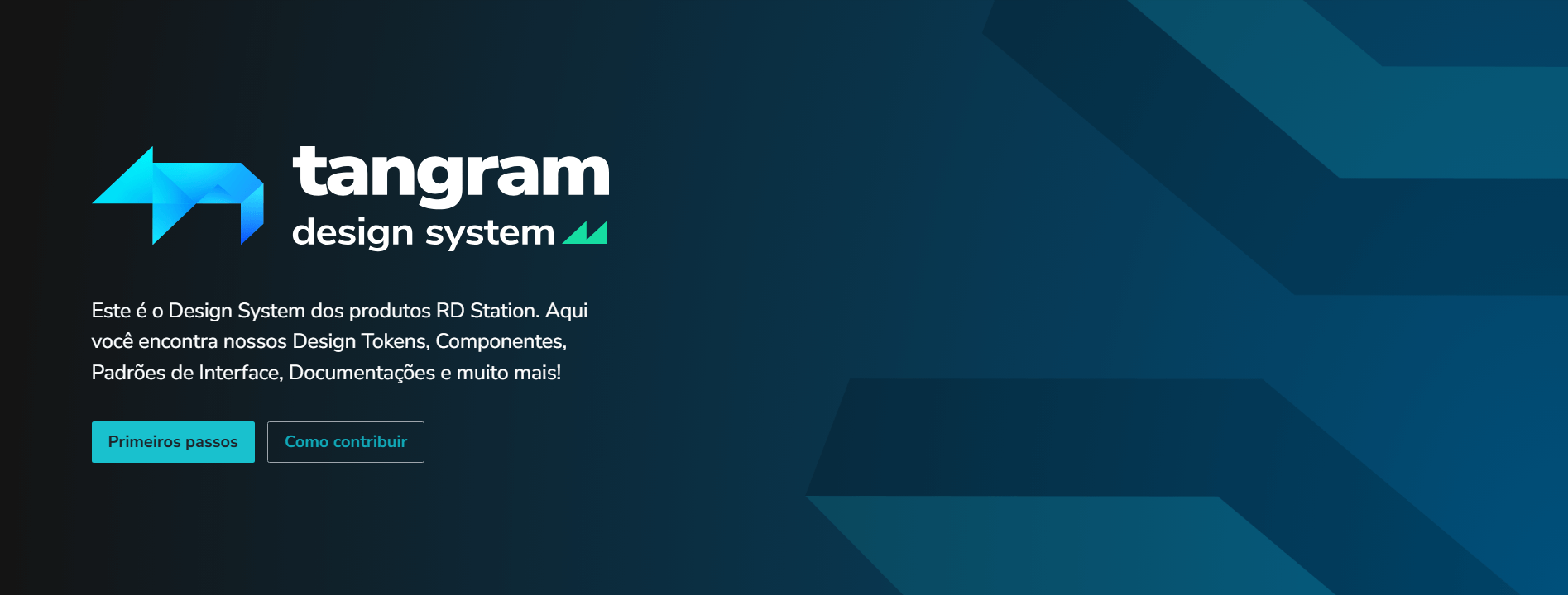 Página inicial do Tangram Design System da RD Station, com logotipo geométrico azul e texto explicativo sobre tokens, componentes, padrões de interface e documentação.